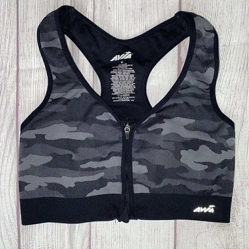 Avia front zip and hook racerback camo sports bra black and grey S